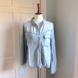 Free People Shrunkin Denim Indigo Button Top Large New With Tags Boho